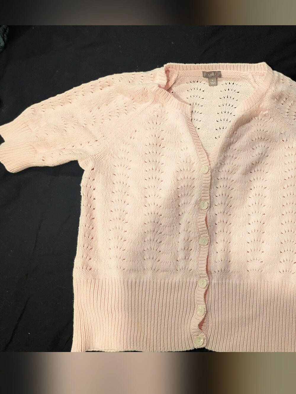 LOFT Pale Pink Pointelle Button-Front Short-Sleeve Cardigan